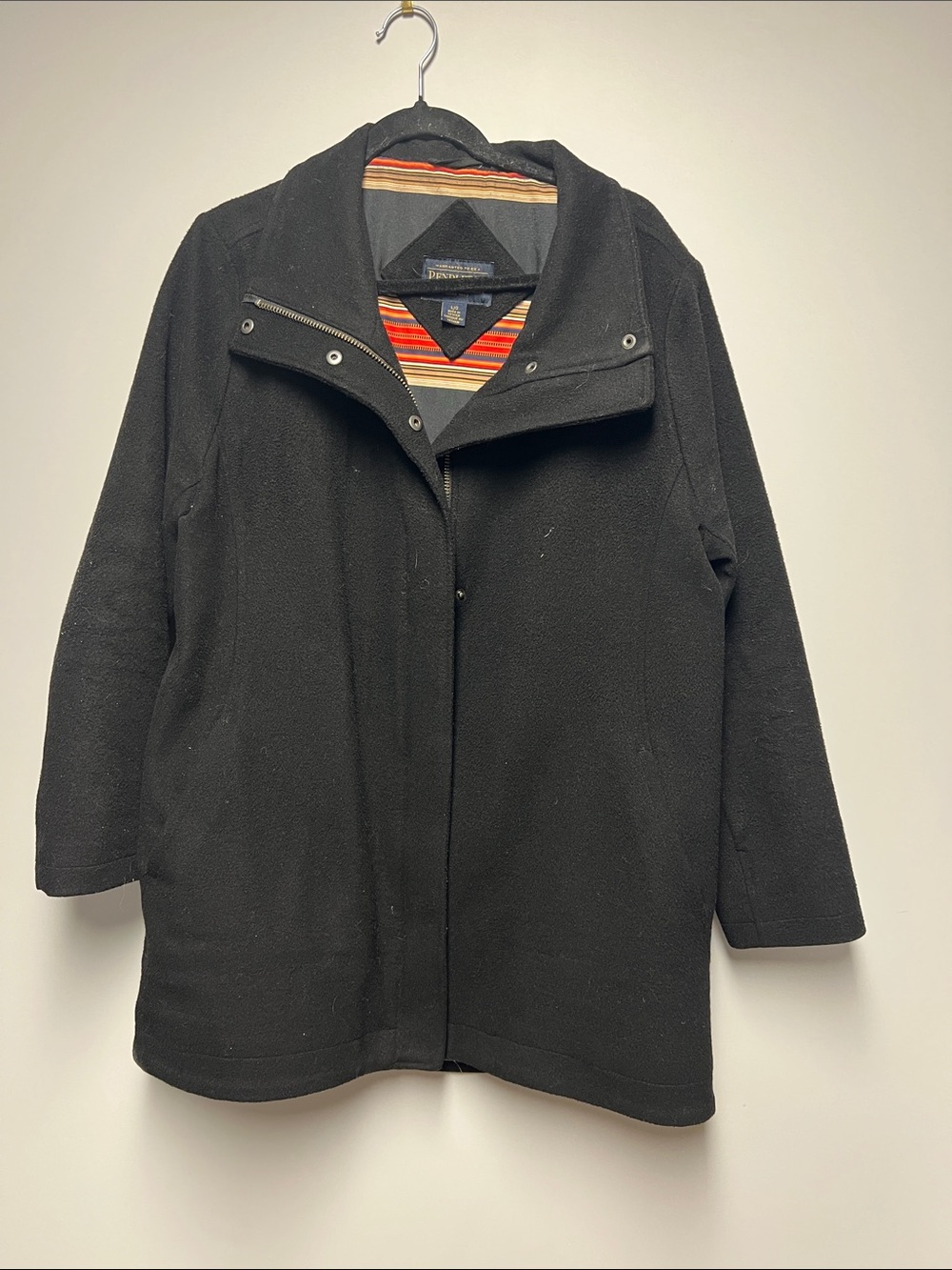 Pendleton Black Wool Pea Coat with Striped Lining